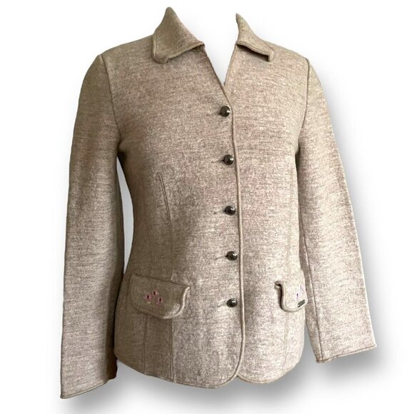 Geiger Austria Womens Jacket Sz 38 US 8 Tan Boiled Wool Linen Floral Embroidery - Picture 4 of 7